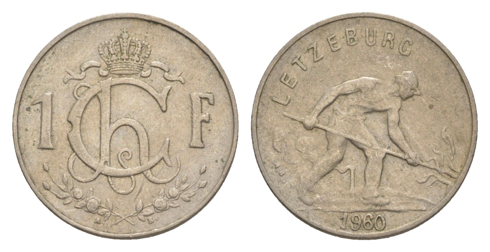 Люксембург 1 франк 1960 Шарлотта (1918-1964), сталевар KM 46.2 медно-никель 4643-531