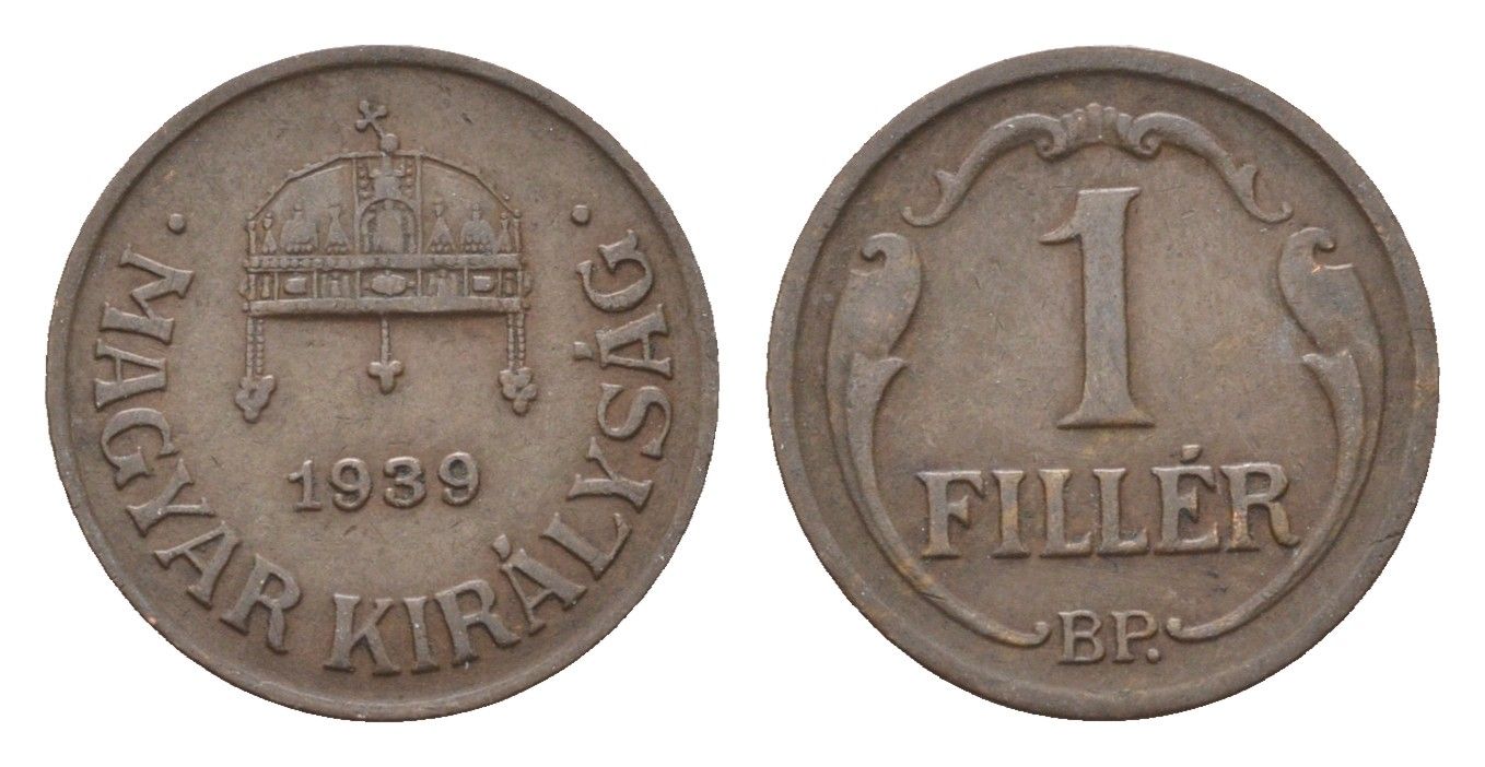 Венгрия 1 филлер 1939 BP, редкий год KM 505 бронза 4665-361