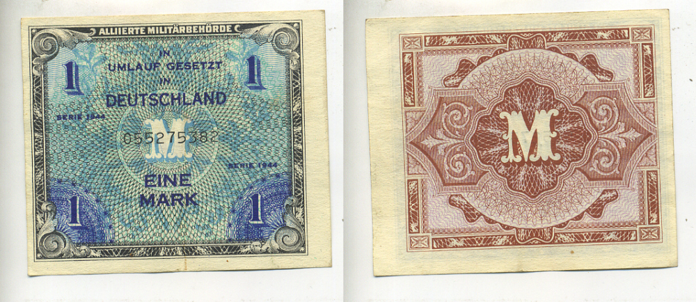 Германия, оккупация союзниками 1 марка 1944 9 цифр, без кода, выпуск СССР Pick 192 b бумага 7222-4-1-1