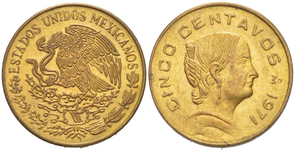 Мексика 5 сентаво 1971 Жозефа Ортис де Домингес KM 427 латунь 218-1142