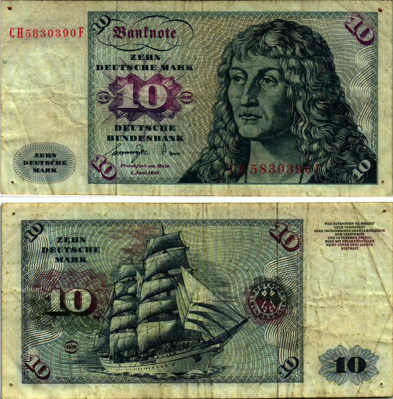 ФРГ 10 МАРОК 1977 1 ИЮНЯ 1977, АЛЬБРЕХТ ДЮРЕР Pick 31b бумага 8589-8-4-1