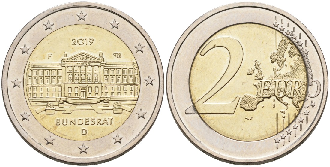 Германия 2 евро 2019 D, 70 ЛЕТ БУНДЕСРАТУ KM 100 биметалл 88-342