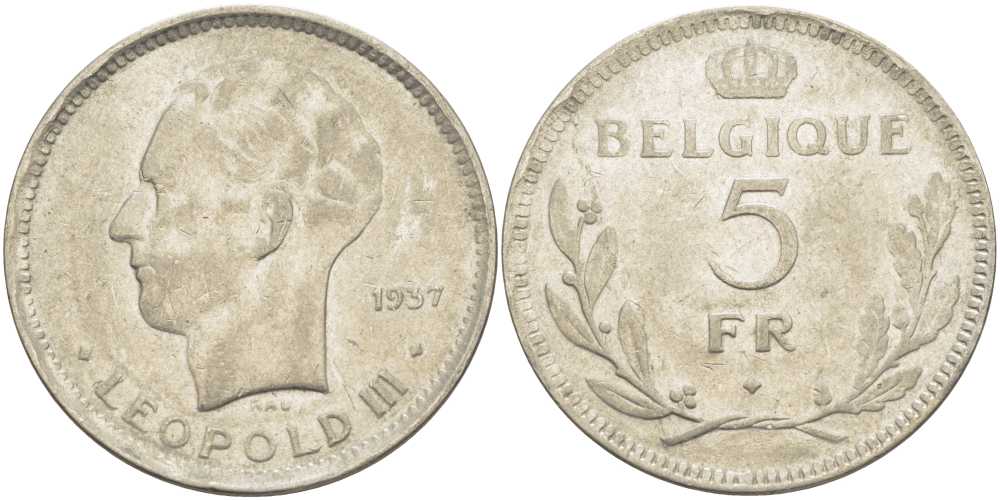 Бельгия 5 франков 1937 Леопольд III (1934-1951), Belgique KM 118 никель 3851-436