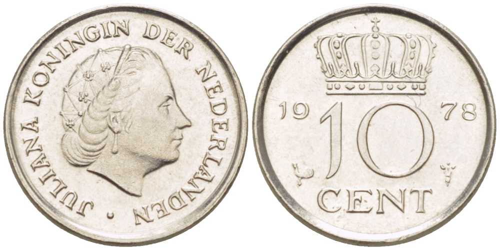 Нидерланды 10 центов 1978 Юлиана (1948-1980) КМ 182 никель 211-1242