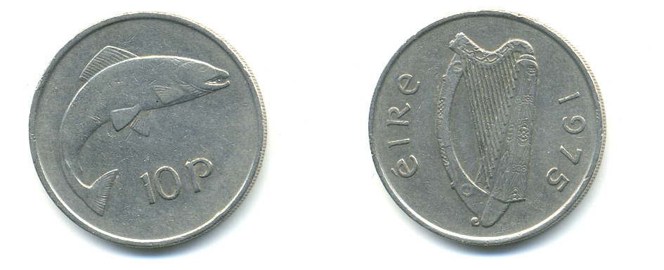 ИРЛАНДИЯ 10 ПЕНСОВ 1975 ЛОСОСЬ KM 23 медно-никель 86-1436