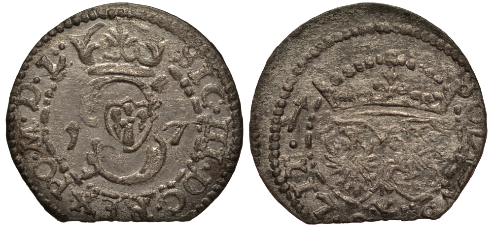 Польша 1 шиллинг (шеляг) 1617 (16)17, Сигизмунд III (1587-1632), вес 0,99 гр. KM 16.3 серебро 1516-1544