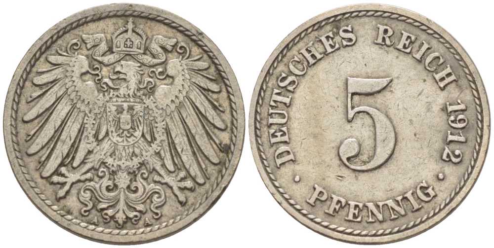 ГЕРМАНИЯ 5 ПФЕННИГОВ 1912 A KM 11, J. 12, Weege 6 медно-никель 211-559