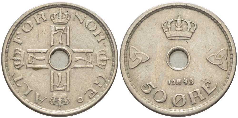 Норвегия 50 эре 1948 Хокон VII (1905-1957) KM 386 медно-никель 119-932