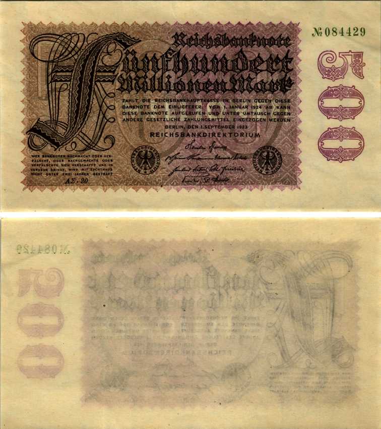 ГЕРМАНИЯ 500000000 МАРОК 1923 1 СЕНТЯБРЯ 1923, ВОДЯНОЙ ЗНАК G/D, E Pick 110d бумага аUNC 7183-22-2-2