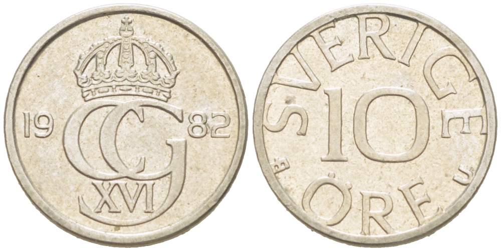 Швеция 10 эре 1982 U, Карл XVI Густав (1973- ) KM 850 медно-никель 3955-348