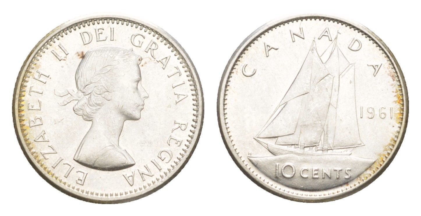 Канада 10 центов 1961 Елизавета II (1952-2022), парусник KM 51 серебро aUNC 4639-569