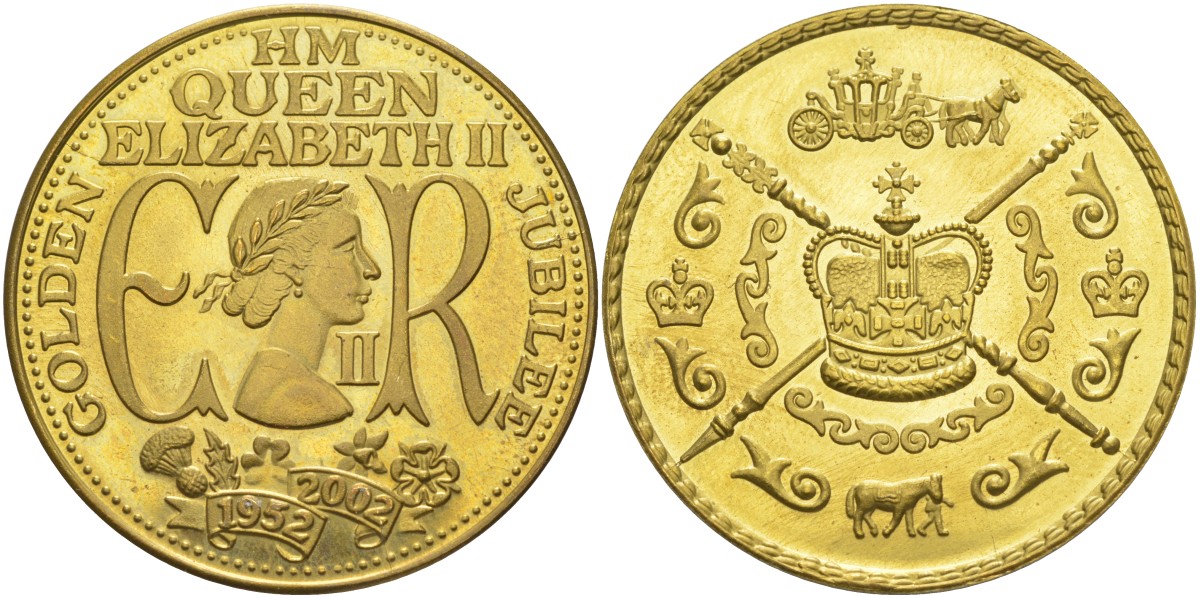 Великобритания медаль 2002 50 лет правлению Елизаветы (1952-2002), диаметр 38,5 М. жёлтый металл 4552-412