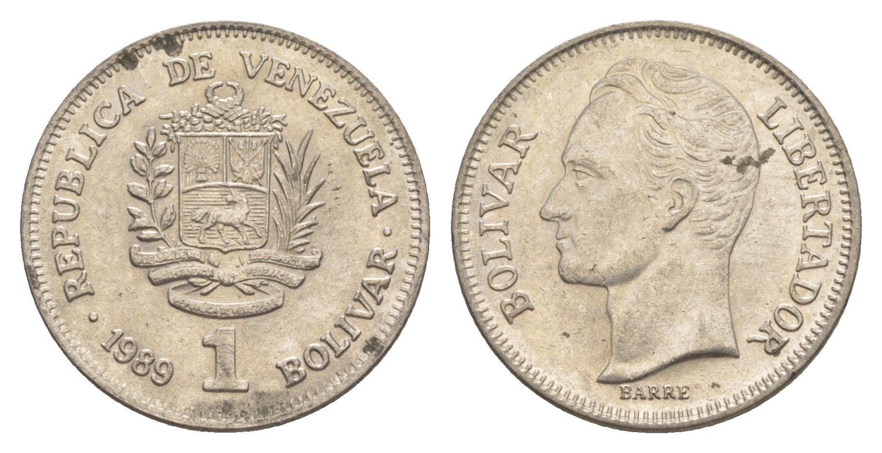 Венесуэла 1 боливар 1989 Симон Боливар, тонкий шрифт Y 52a.1 сталь плакированная никелем 4589-612