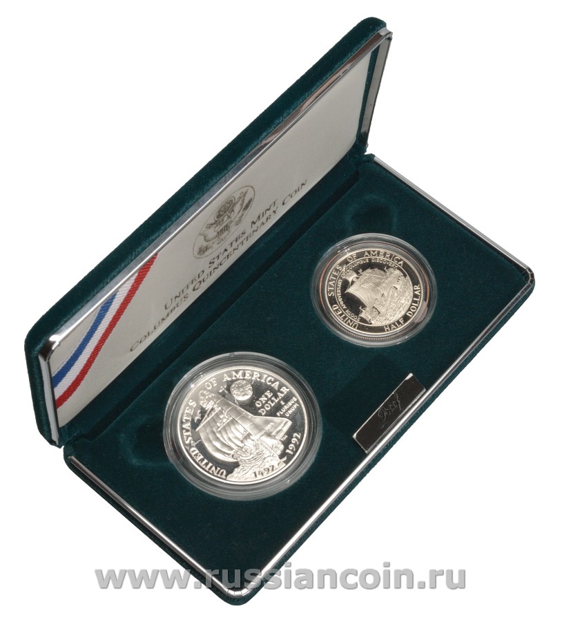 США набор из 2 монет 1992 500 лет открытия Америки, в фирменной коробке с сертификатом KM 237, 238 серебро, медь плакированная медно-никелем PROOF 5-4-1-41