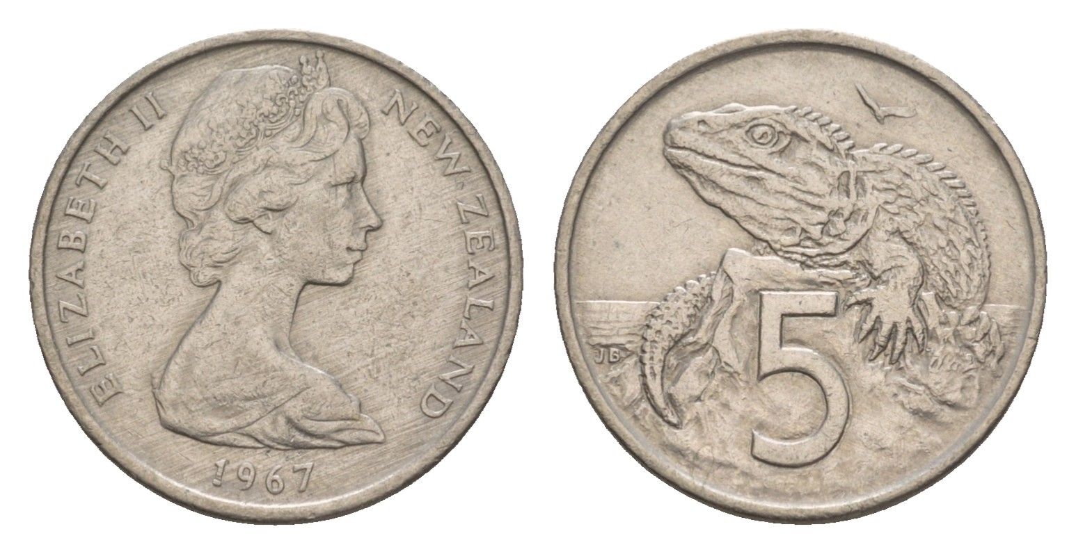 Новая Зеландия 5 центов 1967 Елизавета II (1952-2022), ящерица гаттерия KM 34.1 медно-никель 4655-1152