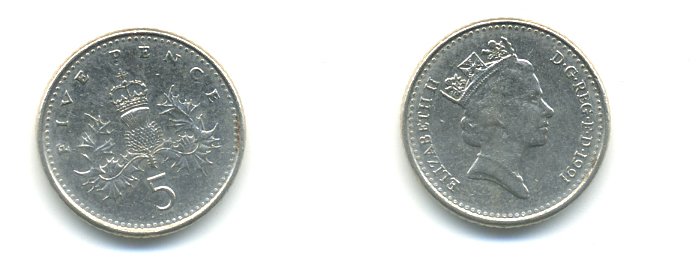 Великобритания 5 пенсов 1991 Елизавета II (1952-2022) KM 937b, Spink 4372 (D4) медно-никель 59-645