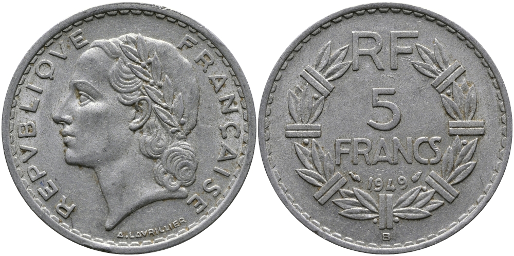 Франция 5 франков 1949 В, тип Лаврийе KM 888b.2, LE FRANC 339.19 алюминий 97-635