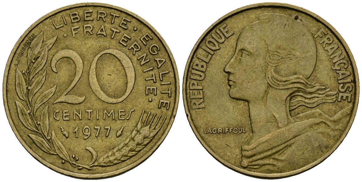 Франция 20 сантимов 1977 тип Marianne KM 930 медь алюминий никель 4135-615
