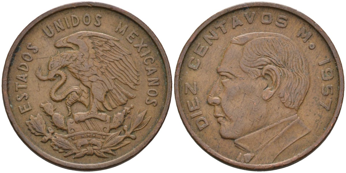 Мексика 10 сентаво 1957 KM 433 бронза 4591-142
