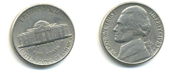 США 5 центов 1983 D, президент Джеферсон KM А192 медно-никель 179-732