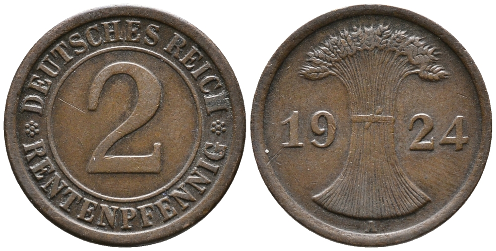 ГЕРМАНИЯ 2 РЕНТЕНПФЕННИГА 1924 A KM 31, J. 307 бронза 24-547