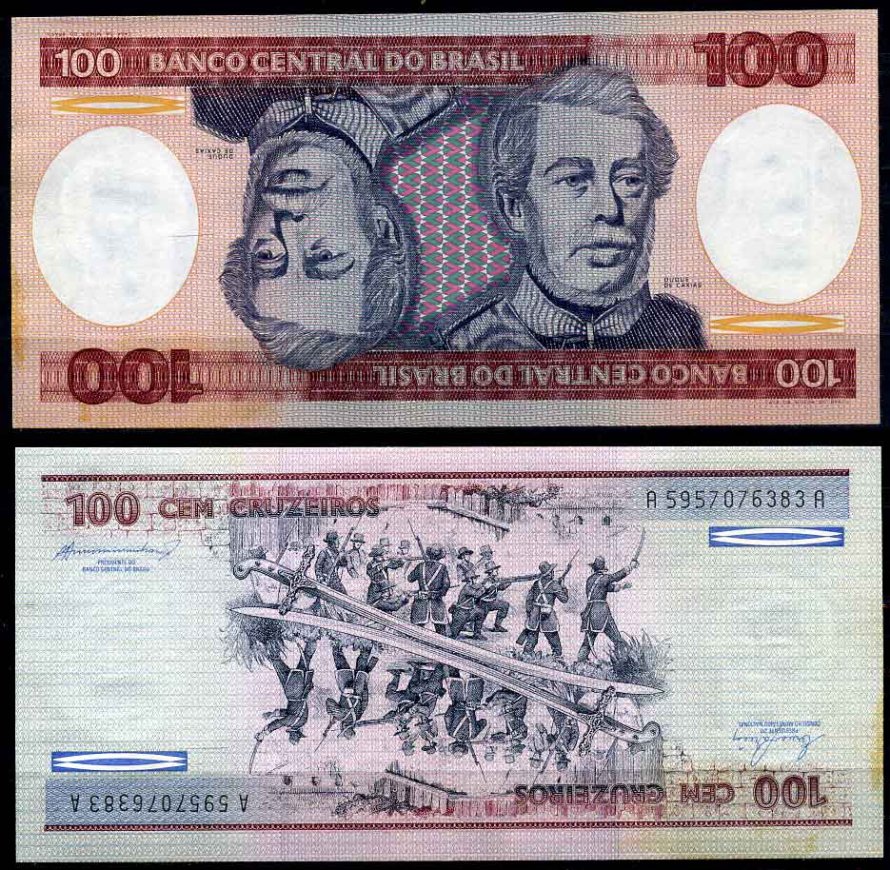 Бразилия 100 крузейро ND (1981-1984) серия А 5957, Герцог Каксиас Pick 198 b бумага UNC (пресс) 2197-49-1-1