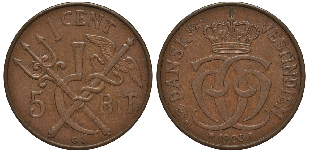 ДАТСКАЯ ВЕСТИНДИЯ 1 ЦЕНТ(5 БИТ) 1905 KM 75 бронза 02-205-22