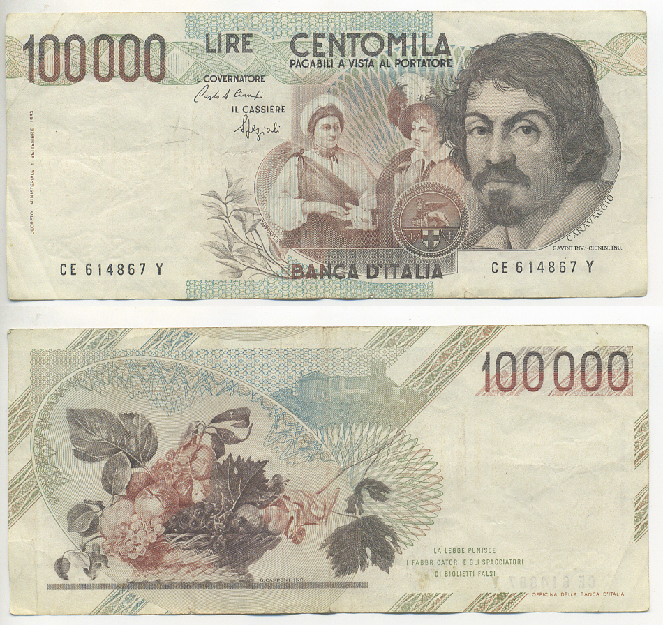 Италия 100000 лир 1983 Караваджо, фруктовый букет, подпись Stevani Pick 110а бумага 7220-6-1