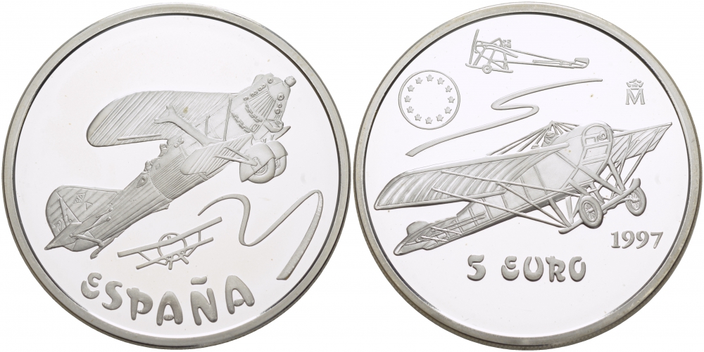 ИСПАНИЯ 5 ЕВРО 1997 ИСТОРИЯ АВИАЦИИ, САМОЛЕТ серебро PROOF 1068-3-42