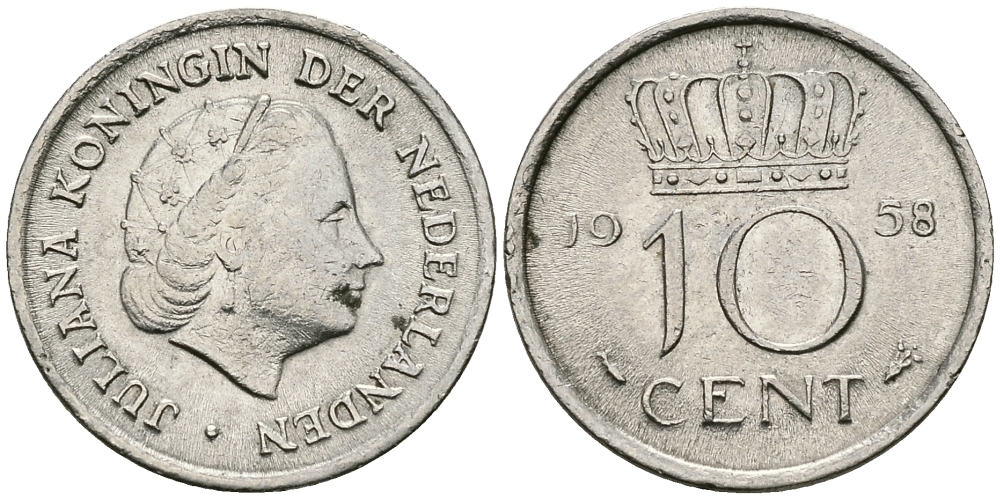 НИДЕРЛАНДЫ 10 ЦЕНТОВ 1958 ЮЛИАНА KM 182 никель 96-346