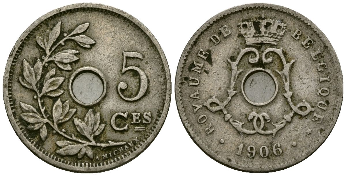 Бельгия 5 сантимов 1906 Belgique KM 54 медно-никель 4173-423