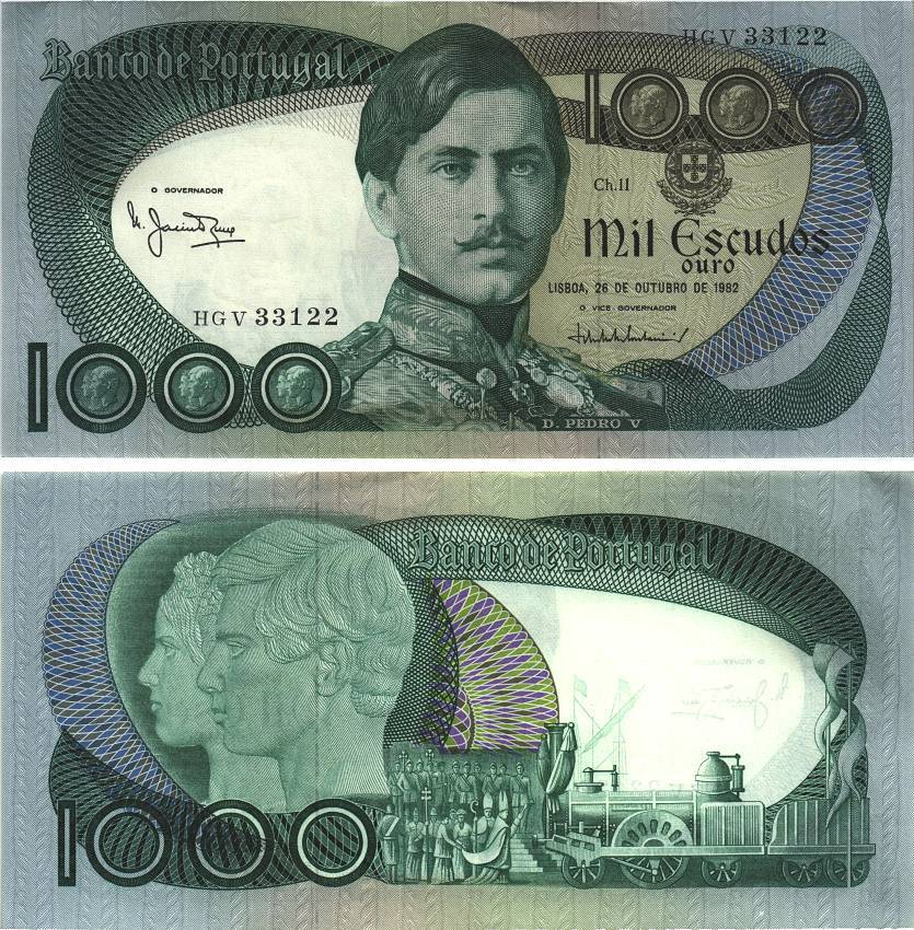 Португалия 1000 эскудо 1982 Педру V с королевой Стефанией, паровоз, 26 октября, Manuel Jacinto Nunes, Vítor Manuel Ribeiro Constancio Pick 175 е(1) бумага 8606-34-3-1