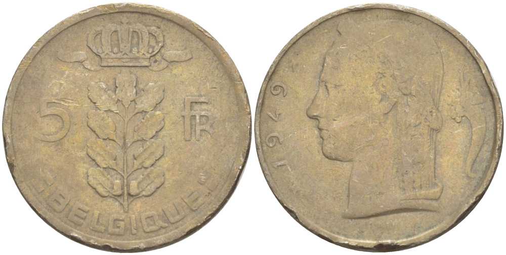 Бельгия 5 франков 1949 Леопольд III (1934-1950), Belgique KM 134.1 медно-никель 3996-831