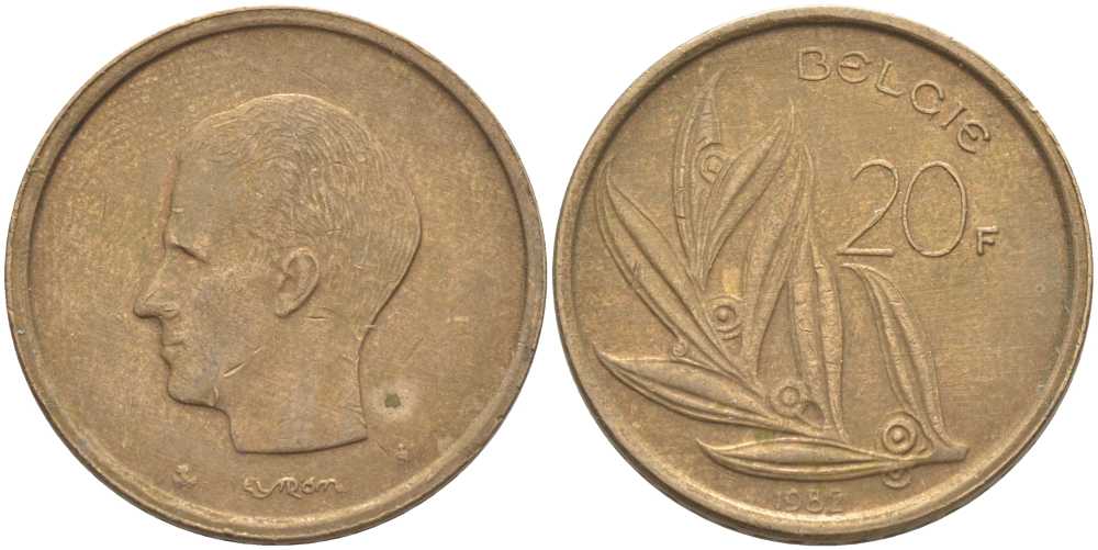 БЕЛЬГИЯ 20 ФРАНКОВ 1982 BELGIE, БОДУЭН I (1951-1993) KM 160 никель бронза 115-735