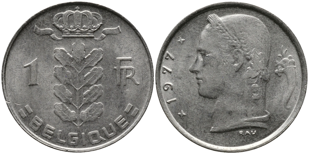 Бельгия 1 франк 1977 Belgique, Бодуэн I (1951-1993) KM 142.1 медно-никель 98-621