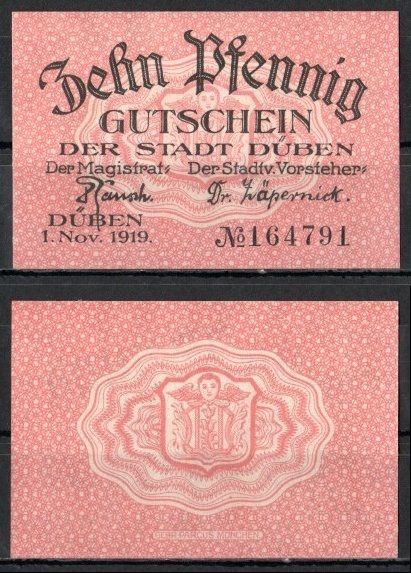 Дюбен (Пруссия, Саксония) 10 пфеннигов 1919 Mehl Grabowski D33.2b бумага UNC (пресс) 7555-59-3-2