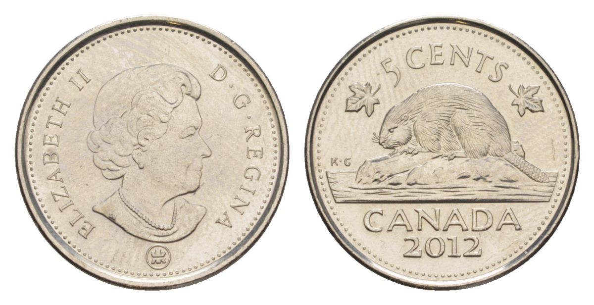Канада 5 центов 2012 Leaf, Елизавета II (1952-2022), бобр KM 491 сталь плакированная никелем UNC 4630-768