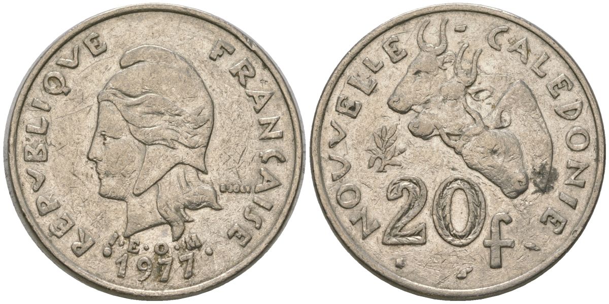 Французская Новая Каледония 20 франков 1977 три быка, (IEOM) KM 12, Schoen 14, Lec 107 никель 4120-711