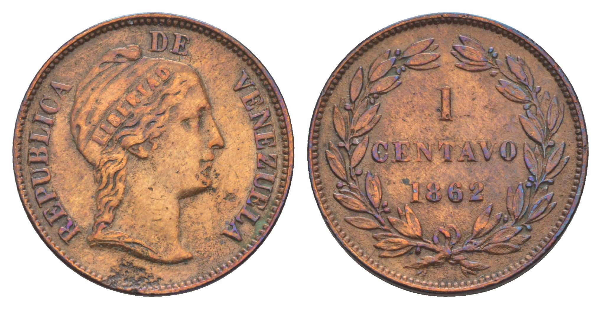 Венесуэла 1 сентаво 1862 Y 7 медь 413-611