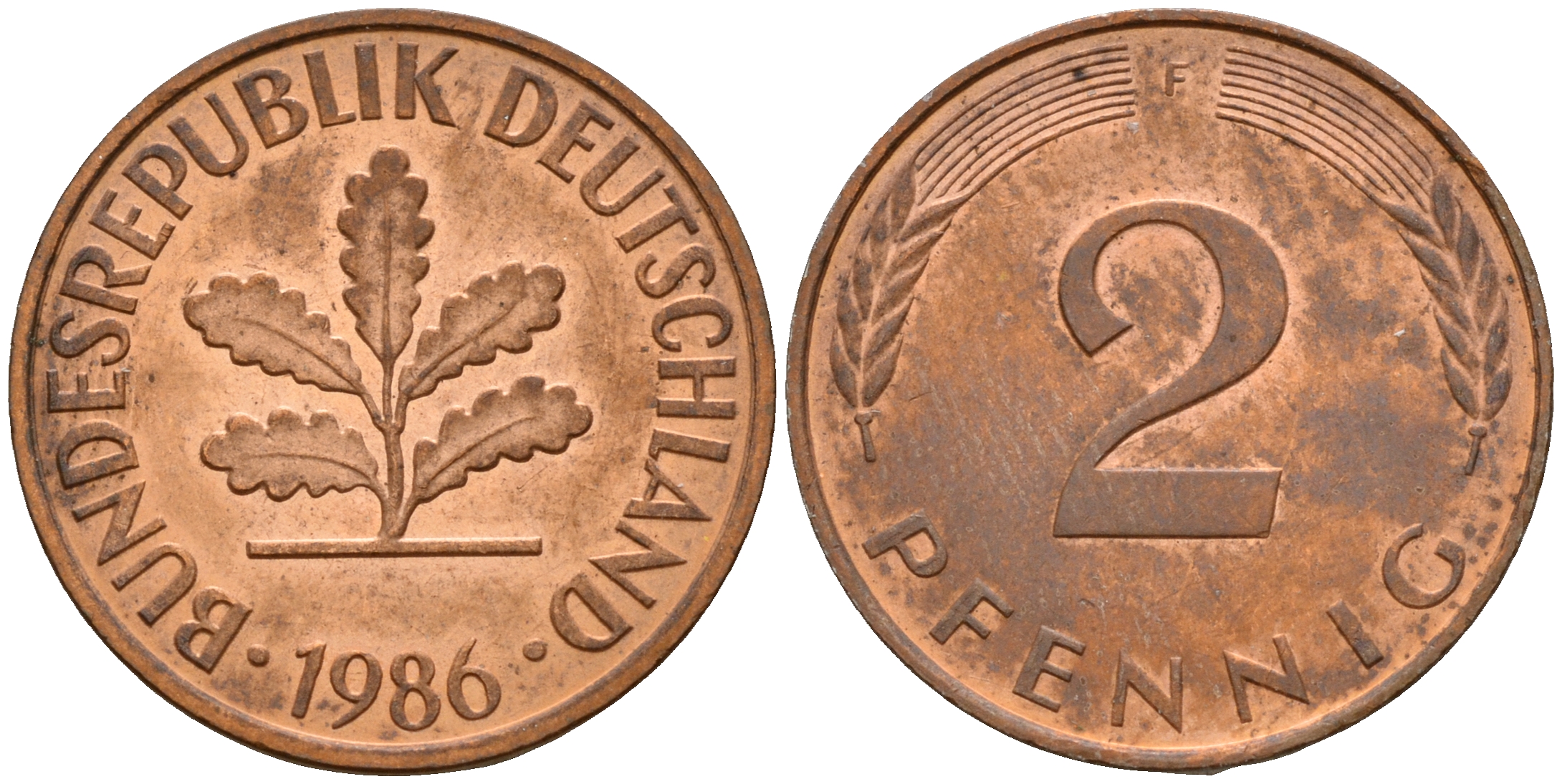 ФРГ 2 пфеннига 1986 F J.381a, KM 106a сталь плакированная медью    4598-917