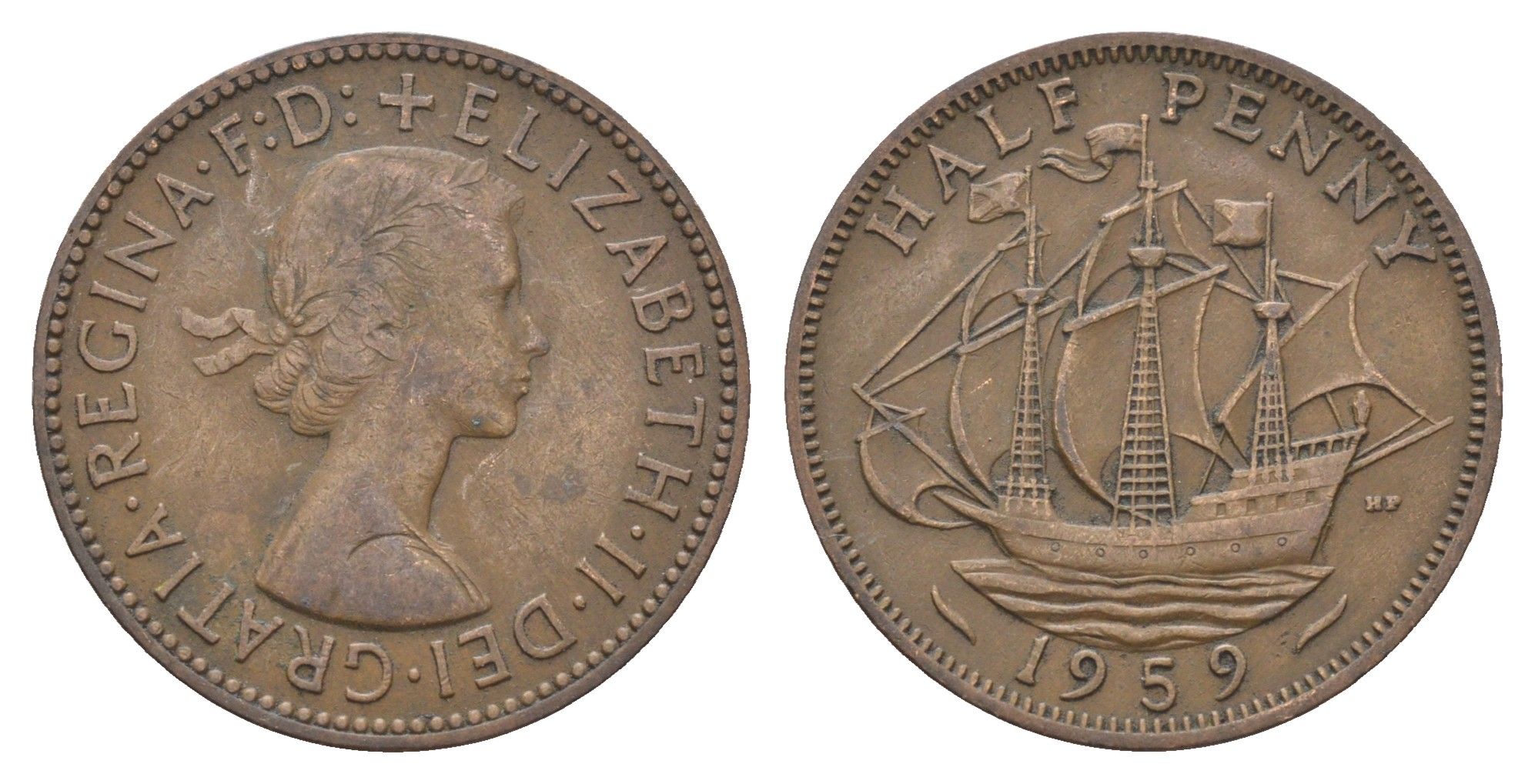 Великобритания 1/2 пенни 1959 Елизавета II (1952-2022) KM 896, Spink 4158 бронза 4662-1146