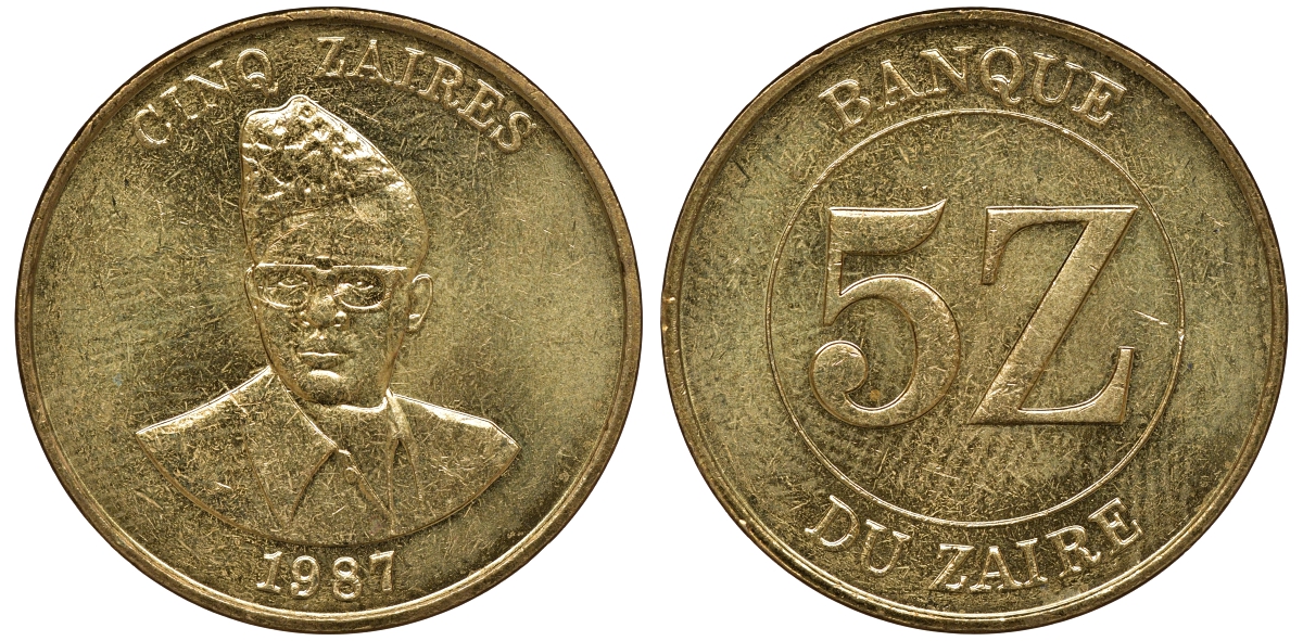 Заир 5 заиров 1987 Мобуту Сесе Секо KM 14 латунь UNC M52-03