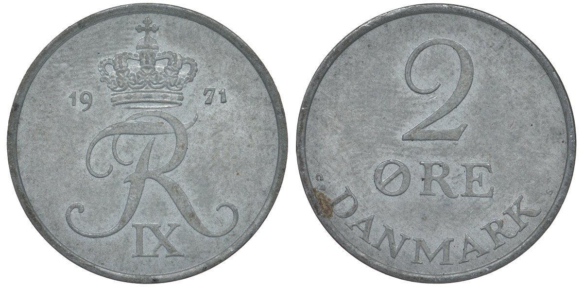 Дания 2 эре 1971 C; S, Фредерик IX (1947-1972) KM 840.2 цинк 4122-435