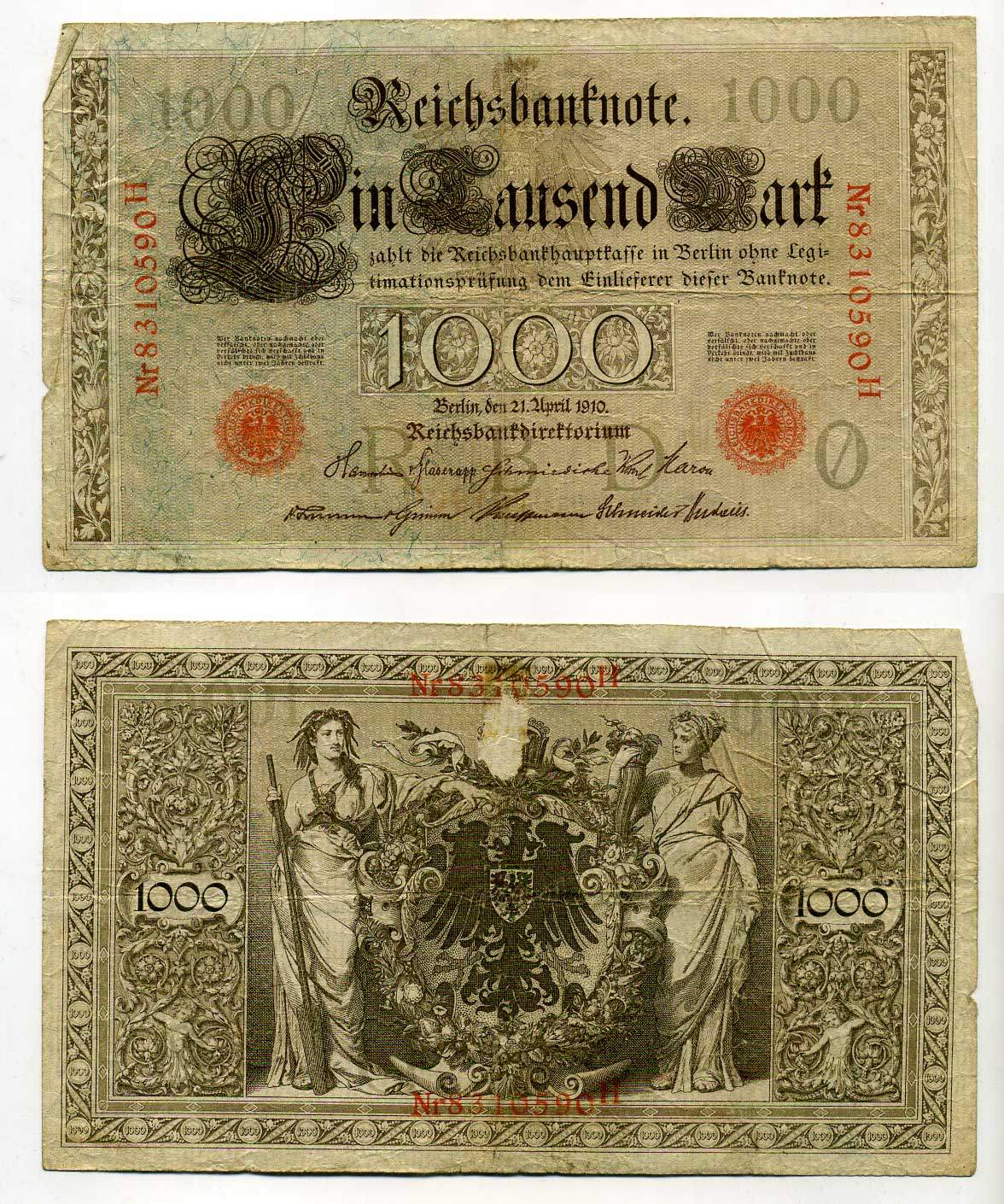 Германия 1000 марок 1910 красная печать, 7 значный номер Pick 44 b  бумага   8610-35-1-2