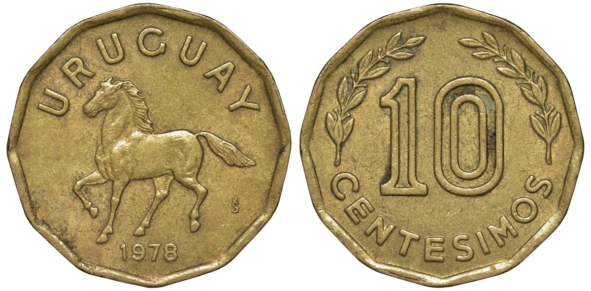Уругвай 10 сентесимо 1978 KM 66 алюминиевая бронза 4164-767