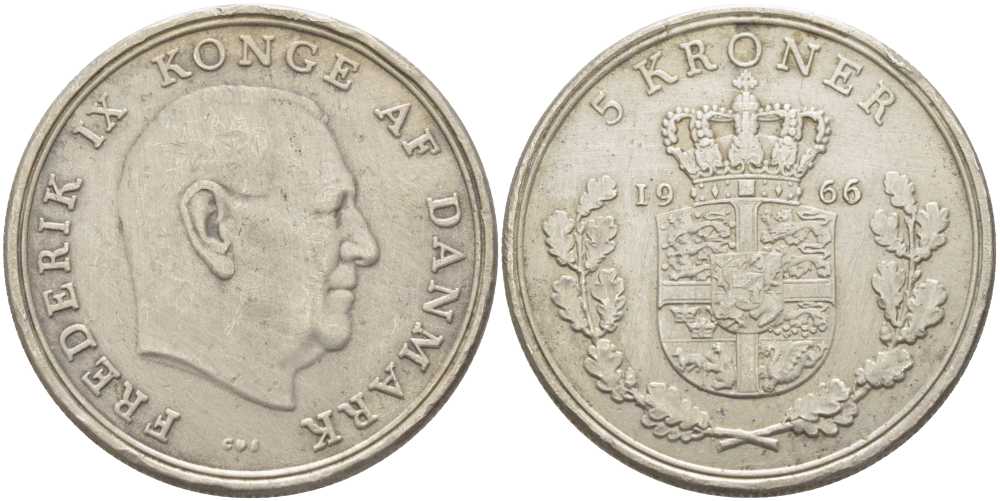 ДАНИЯ 5 КРОН 1966 C; S, ФРЕДЕРИК IX (1947-1972) KM 853.1 медно-никель 179-233