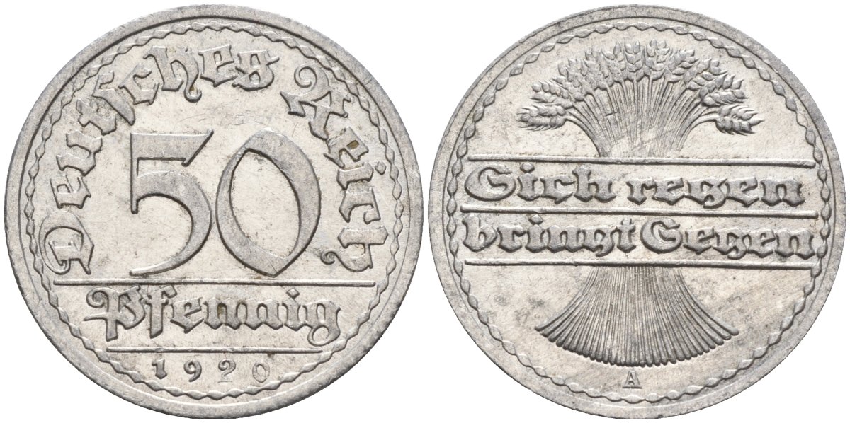 Германия 50 пфеннигов 1920 A KM 27, J.301, Weege 10 алюминий aUNC 4584-727