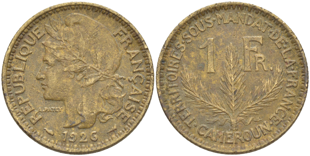 Французский Камерун 1 франк 1926 (а), монетный двор Париж KM 2 алюминиевая бронза 58-354