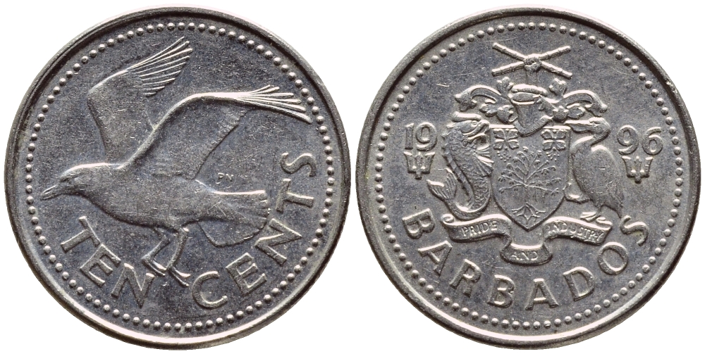 Барбадос 10 центов 1996 смеющаяся (Ацтекская) чайка KM 12 медно-никель 4396-1232