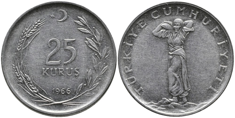 Турция 25 курушей 1966 KM 892.2 нержавеющая сталь 4541-554